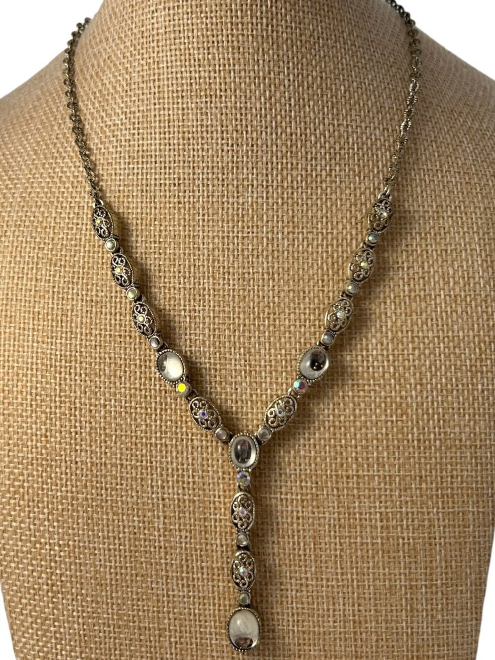 Avon SP Silver Tone Filigree AB Rhinestone Cabochon Y Drop Pendant Necklace - Picture 8 of 8